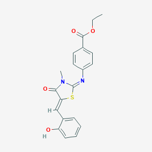 molecular formula C20H18N2O4S B300991 Ethyl 4-{[5-(2-hydroxybenzylidene)-3-methyl-4-oxo-1,3-thiazolidin-2-ylidene]amino}benzoate 