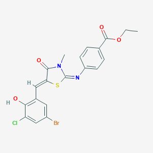 molecular formula C20H16BrClN2O4S B300993 Ethyl 4-{[5-(5-bromo-3-chloro-2-hydroxybenzylidene)-3-methyl-4-oxo-1,3-thiazolidin-2-ylidene]amino}benzoate 