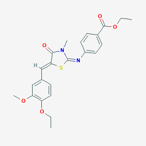 molecular formula C23H24N2O5S B300997 Ethyl 4-{[5-(4-ethoxy-3-methoxybenzylidene)-3-methyl-4-oxo-1,3-thiazolidin-2-ylidene]amino}benzoate 