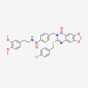 molecular formula C34H30ClN3O6S B3010054 4-((6-((4-氯苄基)硫)-8-氧代-[1,3]二噁唑[4,5-g]喹唑啉-7(8H)-基)甲基)-N-(3,4-二甲氧基苯乙基)苯甲酰胺 CAS No. 688062-22-8