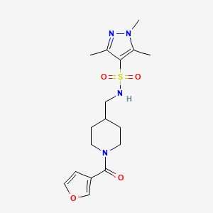 molecular formula C17H24N4O4S B3010119 N-((1-(呋喃-3-羰基)哌啶-4-基)甲基)-1,3,5-三甲基-1H-吡唑-4-磺酰胺 CAS No. 1428372-87-5