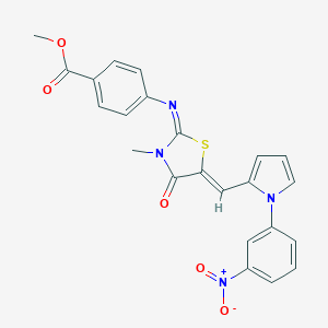 molecular formula C23H18N4O5S B301015 methyl 4-({5-[(1-{3-nitrophenyl}-1H-pyrrol-2-yl)methylene]-3-methyl-4-oxo-1,3-thiazolidin-2-ylidene}amino)benzoate 