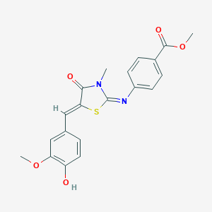 molecular formula C20H18N2O5S B301026 methyl 4-{[(2E,5Z)-5-(4-hydroxy-3-methoxybenzylidene)-3-methyl-4-oxo-1,3-thiazolidin-2-ylidene]amino}benzoate 