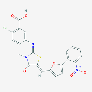 molecular formula C22H14ClN3O6S B301027 2-chloro-5-[[(5Z)-3-methyl-5-[[5-(2-nitrophenyl)furan-2-yl]methylidene]-4-oxo-1,3-thiazolidin-2-ylidene]amino]benzoic acid 