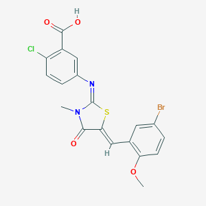 molecular formula C19H14BrClN2O4S B301028 5-{[5-(5-Bromo-2-methoxybenzylidene)-3-methyl-4-oxo-1,3-thiazolidin-2-ylidene]amino}-2-chlorobenzoic acid 