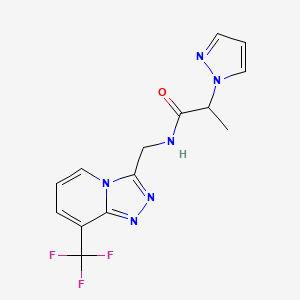 molecular formula C14H13F3N6O B3010319 2-(1H-pyrazol-1-yl)-N-((8-(trifluoromethyl)-[1,2,4]triazolo[4,3-a]pyridin-3-yl)methyl)propanamide CAS No. 2034551-14-7