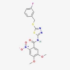 molecular formula C18H15FN4O5S2 B3010324 N-(5-((3-fluorobenzyl)thio)-1,3,4-thiadiazol-2-yl)-4,5-dimethoxy-2-nitrobenzamide CAS No. 393571-37-4