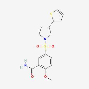 molecular formula C16H18N2O4S2 B3010387 2-Methoxy-5-((3-(thiophen-2-yl)pyrrolidin-1-yl)sulfonyl)benzamide CAS No. 2194904-59-9