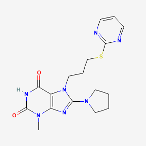 molecular formula C17H21N7O2S B3010389 3-Methyl-7-(3-pyrimidin-2-ylsulfanylpropyl)-8-pyrrolidin-1-ylpurine-2,6-dione CAS No. 673442-52-9