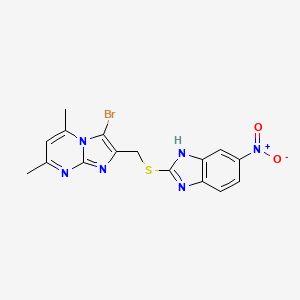 molecular formula C16H13BrN6O2S B3010448 3-bromo-5,7-dimethyl-2-(((5-nitro-1H-benzo[d]imidazol-2-yl)thio)methyl)imidazo[1,2-a]pyrimidine CAS No. 328017-20-5