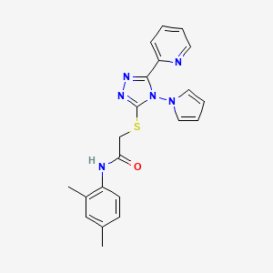 molecular formula C21H20N6OS B3010459 N-(2,4-dimethylphenyl)-2-{[5-(pyridin-2-yl)-4-(1H-pyrrol-1-yl)-4H-1,2,4-triazol-3-yl]sulfanyl}acetamide CAS No. 886935-53-1