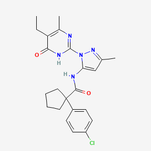 molecular formula C23H26ClN5O2 B3010475 1-(4-chlorophenyl)-N-(1-(5-ethyl-4-methyl-6-oxo-1,6-dihydropyrimidin-2-yl)-3-methyl-1H-pyrazol-5-yl)cyclopentanecarboxamide CAS No. 1006270-09-2