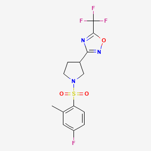 molecular formula C14H13F4N3O3S B3010509 3-(1-((4-Fluoro-2-methylphenyl)sulfonyl)pyrrolidin-3-yl)-5-(trifluoromethyl)-1,2,4-oxadiazole CAS No. 2034373-93-6