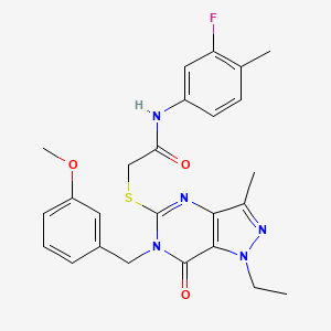 molecular formula C25H26FN5O3S B3010526 2-({1-乙基-6-[(3-甲氧基苯基)甲基]-3-甲基-7-氧代-1H,6H,7H-吡唑并[4,3-d]嘧啶-5-基}硫代)-N-(3-氟-4-甲苯基)乙酰胺 CAS No. 1359084-25-5