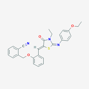 molecular formula C28H25N3O3S B301056 2-{[2-({2-[(4-Ethoxyphenyl)imino]-3-ethyl-4-oxo-1,3-thiazolidin-5-ylidene}methyl)phenoxy]methyl}benzonitrile 