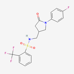 molecular formula C18H16F4N2O3S B3010582 N-((1-(4-fluorophenyl)-5-oxopyrrolidin-3-yl)methyl)-2-(trifluoromethyl)benzenesulfonamide CAS No. 955256-09-4