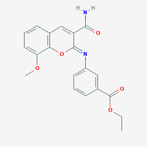 molecular formula C20H18N2O5 B3010594 3-{[(2Z)-3-氨基甲酰基-8-甲氧基-2H-色烯-2-亚基]氨基}苯甲酸乙酯 CAS No. 1327196-43-9