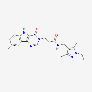 molecular formula C22H26N6O2 B3010599 N-((1-乙基-3,5-二甲基-1H-吡唑-4-基)甲基)-3-(8-甲基-4-氧代-4,5-二氢-3H-嘧啶并[5,4-b]吲哚-3-基)丙酰胺 CAS No. 1171515-47-1