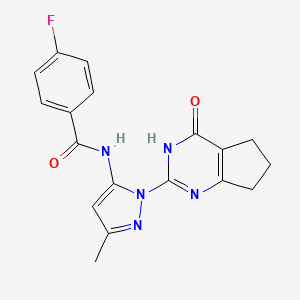 molecular formula C18H16FN5O2 B3010661 4-fluoro-N-(3-methyl-1-(4-oxo-4,5,6,7-tetrahydro-3H-cyclopenta[d]pyrimidin-2-yl)-1H-pyrazol-5-yl)benzamide CAS No. 1003799-62-9