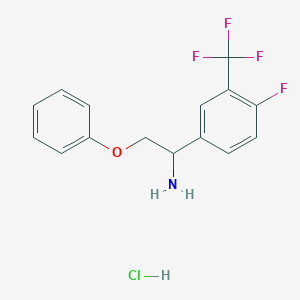 molecular formula C15H14ClF4NO B3010669 1-[4-氟-3-(三氟甲基)苯基]-2-苯氧基乙胺；盐酸盐 CAS No. 2309474-50-6