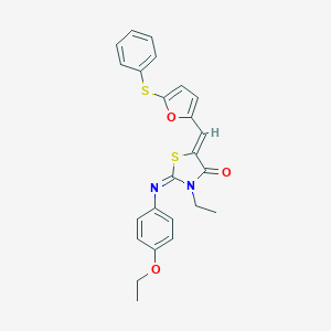 molecular formula C24H22N2O3S2 B301076 2-[(4-Ethoxyphenyl)imino]-3-ethyl-5-{[5-(phenylsulfanyl)-2-furyl]methylene}-1,3-thiazolidin-4-one 