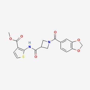 molecular formula C18H16N2O6S B3010867 2-(1-(苯并[d][1,3]二氧杂环-5-羰基)氮杂环丁-3-甲酰氨基)噻吩-3-甲酸甲酯 CAS No. 1396812-49-9