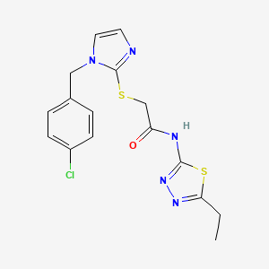 molecular formula C16H16ClN5OS2 B3010935 2-[1-[(4-chlorophenyl)methyl]imidazol-2-yl]sulfanyl-N-(5-ethyl-1,3,4-thiadiazol-2-yl)acetamide CAS No. 869346-86-1