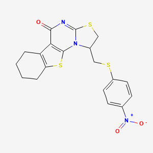 molecular formula C19H17N3O3S3 B3010997 1-(((4-nitrophenyl)thio)methyl)-6,7,8,9-tetrahydro-1H-benzo[4,5]thieno[3,2-e]thiazolo[3,2-a]pyrimidin-5(2H)-one CAS No. 912905-51-2