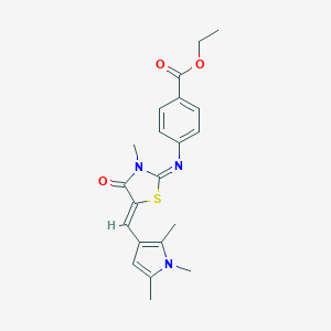 molecular formula C21H23N3O3S B301106 ethyl 4-({3-methyl-4-oxo-5-[(1,2,5-trimethyl-1H-pyrrol-3-yl)methylene]-1,3-thiazolidin-2-ylidene}amino)benzoate 