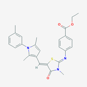 molecular formula C27H27N3O3S B301108 ethyl 4-[(5-{[2,5-dimethyl-1-(3-methylphenyl)-1H-pyrrol-3-yl]methylene}-3-methyl-4-oxo-1,3-thiazolidin-2-ylidene)amino]benzoate 