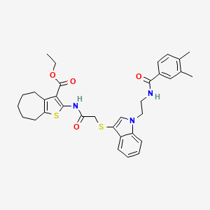molecular formula C33H37N3O4S2 B3011121 ethyl 2-[[2-[1-[2-[(3,4-dimethylbenzoyl)amino]ethyl]indol-3-yl]sulfanylacetyl]amino]-5,6,7,8-tetrahydro-4H-cyclohepta[b]thiophene-3-carboxylate CAS No. 532975-12-5