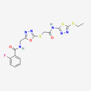 molecular formula C16H15FN6O3S3 B3011157 N-[[5-[2-[(5-乙基硫烷基-1,3,4-噻二唑-2-基)氨基]-2-氧代乙基]硫烷基-1,3,4-恶二唑-2-基]甲基]-2-氟苯甲酰胺 CAS No. 851860-80-5