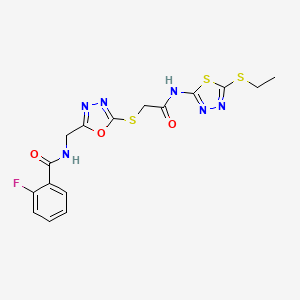 molecular formula C16H15FN6O3S3 B3011157 N-({5-[({[5-(ethylsulfanyl)-1,3,4-thiadiazol-2-yl]carbamoyl}methyl)sulfanyl]-1,3,4-oxadiazol-2-yl}methyl)-2-fluorobenzamide CAS No. 851860-80-5