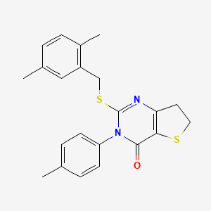 molecular formula C22H22N2OS2 B3011161 2-[(2,5-Dimethylphenyl)methylsulfanyl]-3-(4-methylphenyl)-6,7-dihydrothieno[3,2-d]pyrimidin-4-one CAS No. 686771-75-5