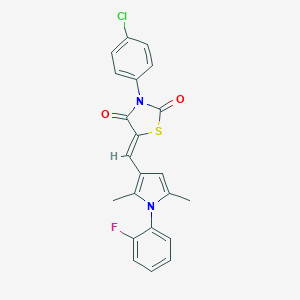 molecular formula C22H16ClFN2O2S B301120 3-(4-chlorophenyl)-5-{[1-(2-fluorophenyl)-2,5-dimethyl-1H-pyrrol-3-yl]methylene}-1,3-thiazolidine-2,4-dione 