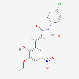 molecular formula C18H13ClN2O6S B301122 3-(4-Chlorophenyl)-5-{3-ethoxy-2-hydroxy-5-nitrobenzylidene}-1,3-thiazolidine-2,4-dione 