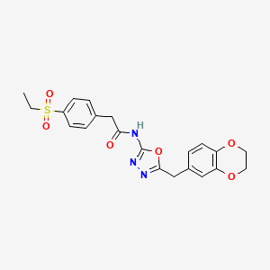 molecular formula C21H21N3O6S B3011246 N-(5-((2,3-dihydrobenzo[b][1,4]dioxin-6-yl)methyl)-1,3,4-oxadiazol-2-yl)-2-(4-(ethylsulfonyl)phenyl)acetamide CAS No. 922044-65-3