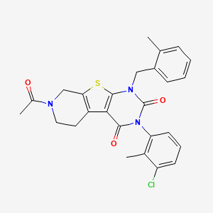 molecular formula C26H24ClN3O3S B3011263 11-Acetyl-4-(3-chloro-2-methylphenyl)-6-[(2-methylphenyl)methyl]-8-thia-4,6,11-triazatricyclo[7.4.0.0^{2,7}]trideca-1(9),2(7)-diene-3,5-dione CAS No. 902909-04-0