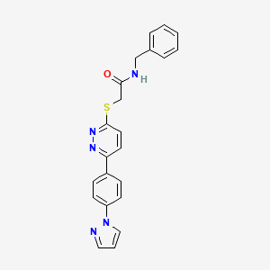 molecular formula C22H19N5OS B3011271 N-苄基-2-[6-(4-吡唑-1-基苯基)嘧啶-3-基]硫代乙酰胺 CAS No. 1004185-75-4