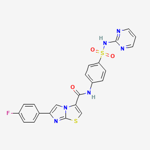 molecular formula C22H15FN6O3S2 B3011275 6-(4-fluorophenyl)-N-(4-(N-(pyrimidin-2-yl)sulfamoyl)phenyl)imidazo[2,1-b]thiazole-3-carboxamide CAS No. 1049439-80-6