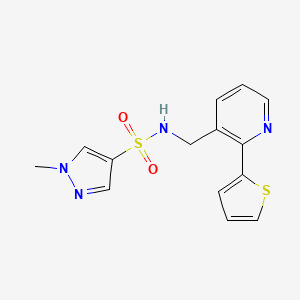 molecular formula C14H14N4O2S2 B3011296 1-methyl-N-((2-(thiophen-2-yl)pyridin-3-yl)methyl)-1H-pyrazole-4-sulfonamide CAS No. 2034315-86-9