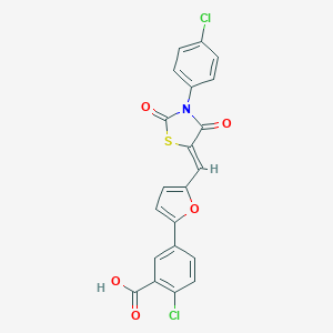 molecular formula C21H11Cl2NO5S B301133 2-Chloro-5-(5-{[3-(4-chlorophenyl)-2,4-dioxo-1,3-thiazolidin-5-ylidene]methyl}-2-furyl)benzoic acid 