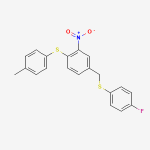 molecular formula C20H16FNO2S2 B3011334 4-Fluorophenyl 4-[(4-methylphenyl)sulfanyl]-3-nitrobenzyl sulfide CAS No. 477869-73-1