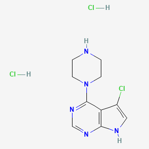molecular formula C10H14Cl3N5 B3011337 5-氯-4-哌嗪-1-基-7H-吡咯并[2,3-d]嘧啶；二盐酸盐 CAS No. 1808104-23-5