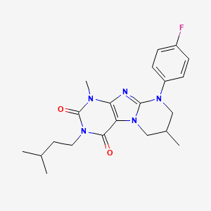 molecular formula C21H26FN5O2 B3011376 9-(4-fluorophenyl)-1,7-dimethyl-3-(3-methylbutyl)-7,8-dihydro-6H-purino[7,8-a]pyrimidine-2,4-dione CAS No. 893962-78-2