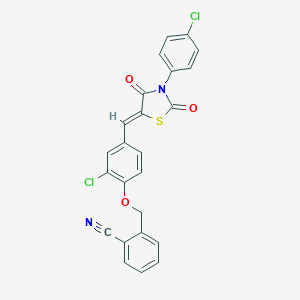 molecular formula C24H14Cl2N2O3S B301139 2-[(2-Chloro-4-{[3-(4-chlorophenyl)-2,4-dioxo-1,3-thiazolidin-5-ylidene]methyl}phenoxy)methyl]benzonitrile 