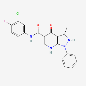 molecular formula C20H14ClFN4O2 B3011433 N-(3-chloro-4-fluorophenyl)-3-methyl-4-oxo-1-phenyl-3,3a,5,6,7,7a-hexahydro-2H-pyrazolo[3,4-b]pyridine-5-carboxamide CAS No. 941890-81-9