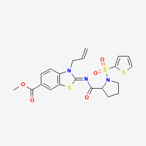 molecular formula C21H21N3O5S3 B3011439 (E)-甲基 3-烯丙基-2-((1-(噻吩-2-基磺酰基)吡咯烷-2-羰基)亚氨基)-2,3-二氢苯并[d]噻唑-6-羧酸酯 CAS No. 1100753-24-9