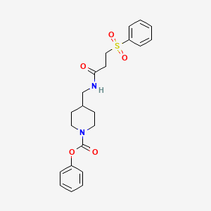 molecular formula C22H26N2O5S B3011576 Phenyl 4-((3-(phenylsulfonyl)propanamido)methyl)piperidine-1-carboxylate CAS No. 1235377-15-7
