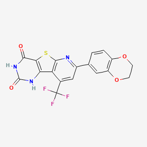 molecular formula C18H10F3N3O4S B3011664 11-(2,3-Dihydro-1,4-benzodioxin-6-yl)-6-hydroxy-13-(trifluoromethyl)-8-thia-3,5,10-triazatricyclo[7.4.0.0^{2,7}]trideca-1(9),2(7),5,10,12-pentaen-4-one CAS No. 625376-54-7